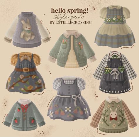 Acnh Springcore Villagers, Animal Crossing Spring Outfits, Animal Crossing Inspired Outfits, Acnh Spring Clothes, Acnh Clothes Design Id, Cute Clothing Ideas, Cottage Core Animal Crossing, Cottagecore Animals, Rabbit Sweater