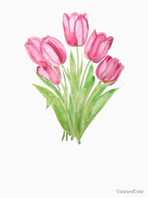 "hand painted pink tulips flowers watercolor painting " Classic T-Shirt for Sale by ColorandColor | Redbubble Tulips Printable, Flower Art Watercolor, Banana Leaf Art, Watercolor Flower Prints, Tulip Painting, Watercolor Tulips, Printing Store, Watercolor Nursery, Watercolor Floral Print