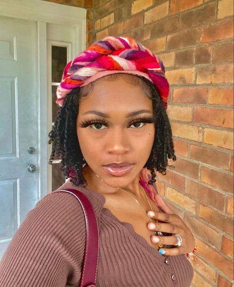 Turban Over Locs, Head Wrap Short Dreads, Locs And Scarves, Locs With Scarf Black Women, Hair Wraps For Locs, Head Wrap With Short Locs, Headbands With Locs, Short Locs Head Wraps, Black Head Wrap Styles