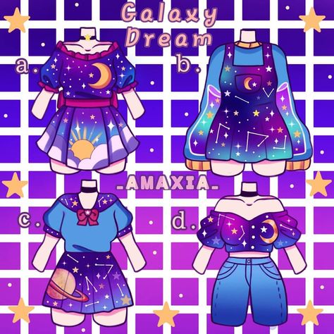 ✨Artist✨ on Instagram: “[Shares are deeply appreciated! 💖] 🌙Which one is your fav?🌙 I was highly inspired by @mochikkun's galaxy outfits and I wanted to try for…” Drawing Galaxy, Drawing Outfits, Outfits Drawing, Galaxy Outfit, Outfit Drawing, Outfit Art, Arte Do Kawaii, Anime Stars, Clothing Sketches