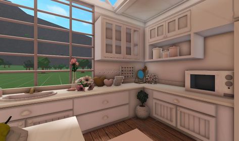 #coquette #bloxburgkitchen #bloxburgbuild #bloxburg Bloxburg Coquette Kitchen, Coquette Kitchen Bloxburg, Bloxburg Vintage Kitchen, Bloxburg Architecture, Bloxburg Coquette, Bloxburg Kitchen Decals Codes, Coquette Kitchen, Interior Bloxburg, Preppy Bedrooms