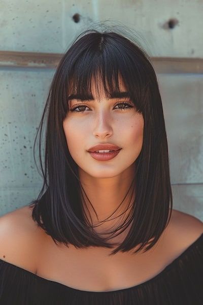 35 Stunning Medium-Length Hairstyles with Bangs - The Hairstyle Edit Short Bangs On Long Hair, Bangs Full Face, Tall Face Hairstyle, Shoulder Length Haircut With Fringe, Dark Medium Hair With Bangs, Lob With Bangs Straight Hair, Dark Lob With Bangs, Dark Hair Lob With Bangs, Medium Hair With Full Bangs