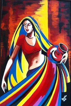 Pitcher Girl - Portrait/Figures Acrylic Painting | World Art Community Rajasthani Art, Human Figures, Canvas Paint, Soyut Sanat Tabloları, Female Art Painting, Indian Folk Art, Girl Portrait, Hur Man Målar, Painting Of Girl