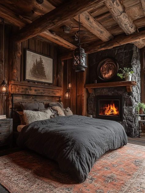 Dark Rustic Bedroom, Viking Decor Interior Design, Viking Bedroom, Rustic Cabin Bedroom, Moody Minimalist, Rustic Bedrooms, Modern Cabin Decor, Minimalist Bedroom Ideas, Farmhouse Bedroom Decor Ideas