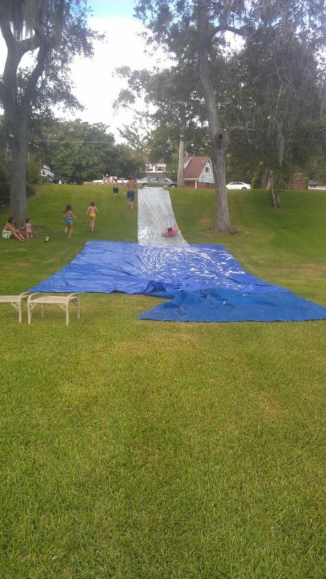 adult slip and slide... Slip And Slide Volleyball, Homemade Slip And Slide, Backyard Movie Theaters, Pool Building, Backyard Wedding Lighting, Slip N Slide, Backyard Swings, Hot Tub Backyard, Backyard Movie