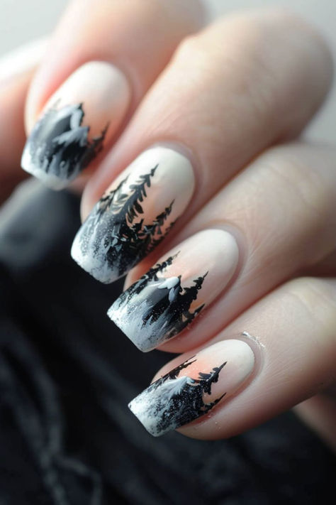 Snowy Mountain Peaks: Nail Art For Winter Mountain Wedding Nails, Winter And Christmas Nails, Winter Forest Nails, Canada Nails Designs, Winter Tree Nails, Alaskan Nails, Mountain Nails Designs, Chill Nails, Alaska Nails