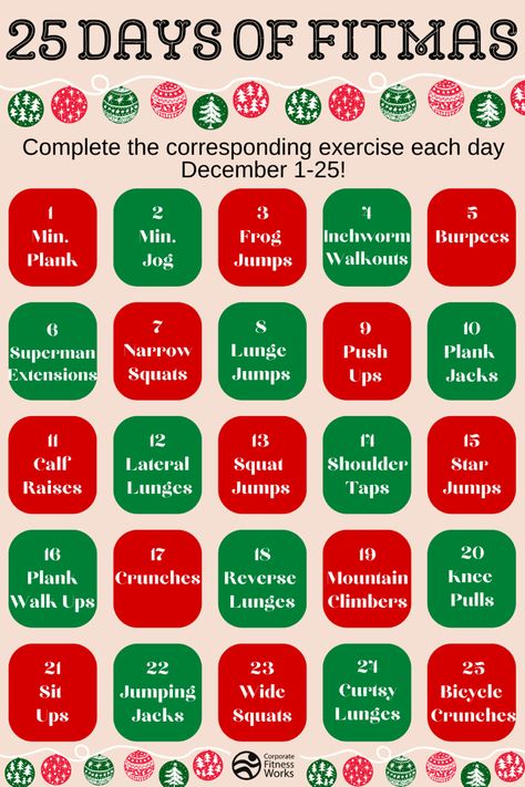 Workout Advent Calendar, Fitness Advent Calendar, December Fitness Challenge, Holiday Exercise, Christmas Workout Challenge, Christmas Workouts, Holiday Fitness Challenge, Birthday Workout, Movie Workouts