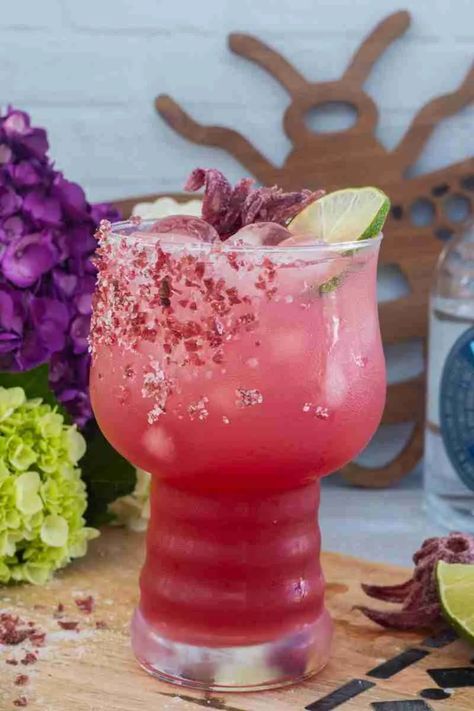 Best Hibiscus Margarita Recipe Using Hibiscus Syrup Hibiscus Margarita Recipe, Hibiscus Drink Recipes, Strawberry Margarita Recipe On The Rocks, Hibiscus Recipe, Hibiscus Margarita, Hibiscus Drink, Hibiscus Syrup, Mule Recipe, Pink Hibiscus