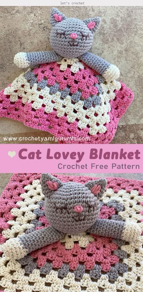 Cat Lovey Blanket Free Crochet Pattern #letscrochetfreepattern  #crochetloveyblanket  #freecrochetpatterns  #crochetforbaby Free Crochet Animal Blanket Patterns, Crochet Cat Lovey Blanket Free Pattern, Cat Crochet Lovey, Crochet Baby Lovies Free Pattern, Crochet Cat Lovey Free Pattern, Crochet Security Blanket Free Pattern, Cat Lovey Pattern, Crochet Baby Lovey Free Pattern, Lovey Blanket Crochet Free Pattern