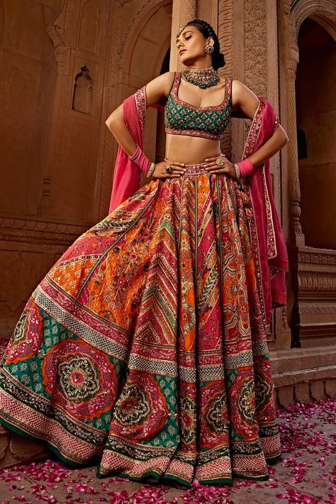 Shop for these amazing collections of Multi Color Blouse And Lehenga Raw Silk Print Floral Scoop Aadhya Bridal Set For Women by Kalista online at Aza Fashions.