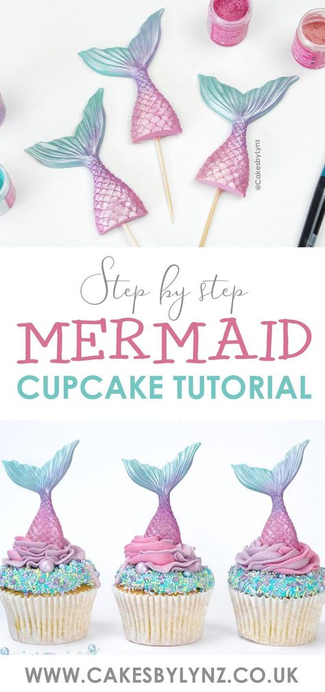 Shimmery Mermaid Tail Cupcake Tutorial - Plus how to pipe buttercream swirl Mermaid Pirate Cupcakes, Chocolate Mermaid Tails, Mermaid Cupcakes Simple, Easy Mermaid Cupcakes Ideas, Diy Mermaid Cupcakes Easy, Mermaid Cupcakes Ideas Easy, Meringue Cupcake Topper, How To Make A Mermaid Cake, Mermaid Cake Tutorial