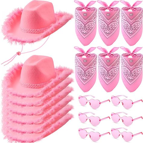 PRICES MAY VARY. fabric, feather, sequins Imported pink closure Hand Wash Only Package Variety: the package includes 6 cowgirl hats bulk, 6 pink bandanas, and 6 pairs of transparent heart glasses, making it an good choice for group parties or events; You can also present them as gifts to your loved ones, symbolizing a thoughtful gesture Ideal Size for Women Girls: our cowgirl hat pink measures approximately 14.96 x 11.81 x 5.12 inches, with adjustable drawstring so you can adjust it to your need Pink Cowgirl Party Favors, Pink Birthday Accessories, Pink Cow Party Ideas, Pink Cowgirl Bachelorette Party Outfit, Cowgirl Pink Party, Pink Cowgirl Party Outfit, Pink Birthday Theme Ideas, Pink Cowgirl Party Ideas, 21st Bday Party Themes