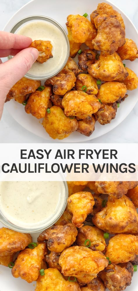 Cauliflower Wings Air Fryer Recipes, Vegan Cauliflower Wings Air Fryer, Cauliflower Wings Fried, Easy Air Fryer Cauliflower Wings, Vegan Cauliflower Bites, Air Fryer Battered Cauliflower, Air Fry Buffalo Cauliflower, Buffalo Cauliflower Air Fryer Easy, Air Fry Cauliflower Wings