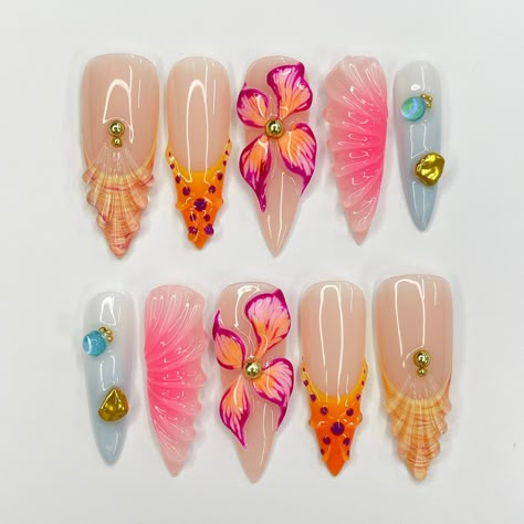 Hello, lovely!  Greetings and welcome to my store. Hope you find a style you like.  🍁 𝐌𝐚𝐭𝐞𝐫𝐢𝐚𝐥: I only work with high quality materials to create sturdy & long-lasting luxury press on nails that you can trust on. My nails will last for: 1-   2 days using adhesive tab (provided with the nail set) 2-   3 weeks using nail glue. You can reuse all of the nails multiple times if you take care of them. Follow the instructions provided with the nail set. 🍁 𝐒𝐢𝐳𝐞: XS : 15mm, 12mm, 13mm, 11mm 3d Vacation Nails, Tropical 3d Nails, Summer Nails Charms, Frangipani Nail Art, Vacation French Nails, Summer Nails 3d Designs, Tropical Floral Nails, Red Blue Yellow Nails, Nails With 3d Designs