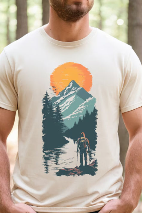 Image of a mountain forest hiking t-shirt, perfect for outdoor lovers. This graphic tee features bold woodland designs ideal for camping and nature adventures. Showcasing earthy tones and vibrant prints, the shirt appeals to hikers and anyone who appreciates outdoor gear. Sleeveless Tops For Women Casual, Forest Hiking, Camping Shirts, Nature Tees, Hiking Tshirt, Mountain Forest, Mountain Tshirt, Outdoor Gifts, Sleeveless Tops Summer