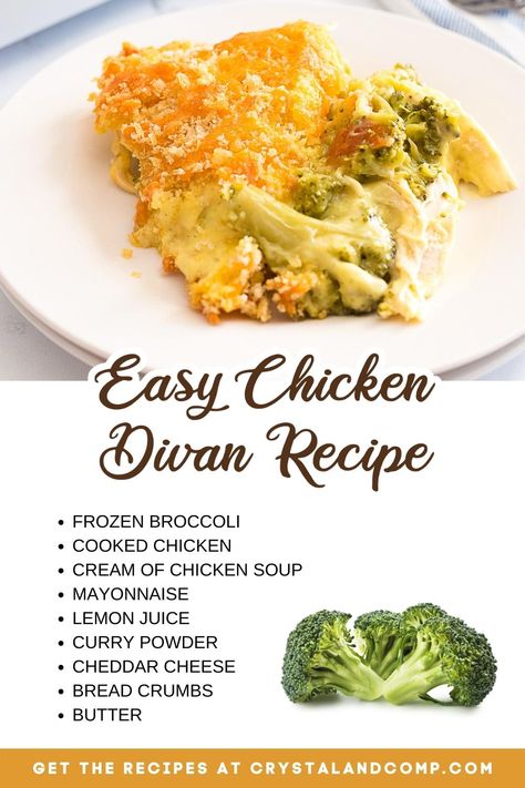 Chicken Divan Casserole Recipes, Easy Chicken Divine Recipe, Chicken Divan With Mayonnaise, Chicken Divan With Curry Powder, Divan Chicken Broccoli, Chicken Divan Paula Deen, Healthy Chicken Divan Recipe, Chicken Broccoli Divan Casserole, Crock Pot Chicken Divan