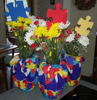 Puzzle Piece Centerpiece Ideas, Puzzle Centerpiece Ideas, Puzzle Theme, Adoption Baby Shower, Half Gallon Mason Jars, Trash Bag Holder, Gallon Mason Jars, Puzzle Party, Kitchen Trash Can