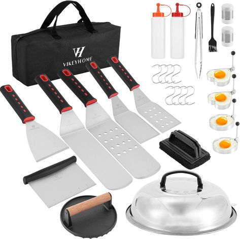 Griddle Accessories Kit, 28 Pcs Griddle Grill Tools Set, Professional Grill BBQ Spatula Set with Basting Cover, Spatula, Scraper, Bottle, Tongs, Egg Ring Cast Iron Burgers, Griddle Accessories, Grill Press, Stainless Steel Griddle, Egg Ring, Grill Tools, Egg Rings, Flat Top Griddle, Flat Top Grill