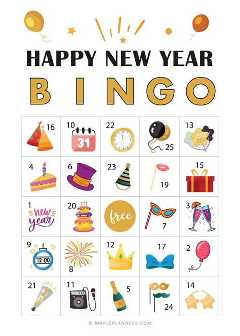 Download Happy New Year Bingo Printable Cards #newyearbingo #freeprintable #activitiesforkids Nye Bingo Free Printable, New Years Bingo Printable For Kids, New Years Bingo Printable, New Years Bingo, New Year Bingo, New Year's Eve Crafts, New Year Printables, Kids New Years Eve, New Year's Eve Activities