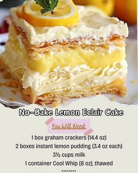 Lemon Eclair Cake, Lemon Eclair, Eclair Cake Recipe, Refrigerator Desserts, No Bake Lemon, Lemon Recipe, Icebox Pie, Eclair Cake, Lemon Cakes