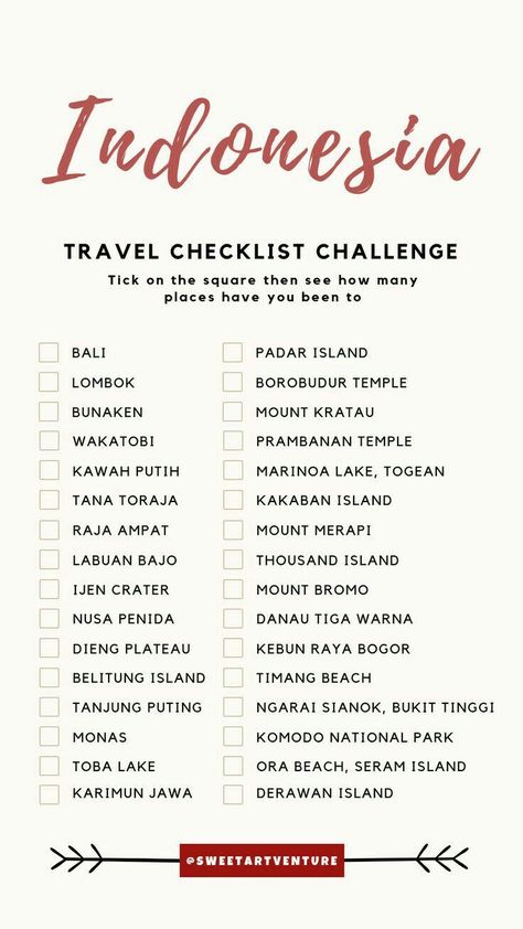 Indonesia checklistBy:@sweetartventure Ig Templates Story, Travel Bingo, Asia Travel Outfit, Travel Template, Instagram Story Questions, Thousand Island, Ig Templates, Travel Route, Travel Destinations Asia