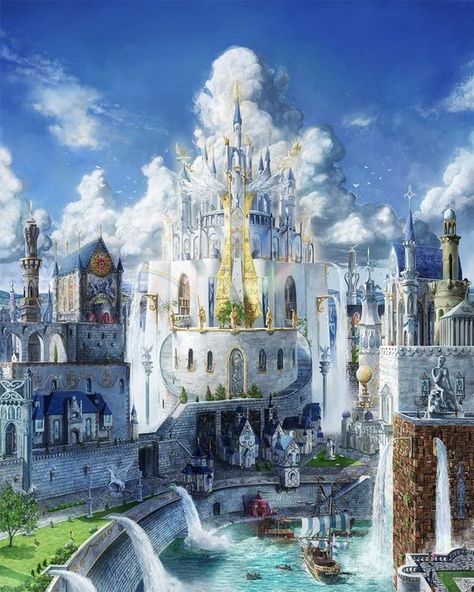 Water Kingdom Beaux Arts Architecture, Castle In The Sky, Fantasy Castle, Fantasy City, Fantasy Setting, Fantasy Places, A Castle, Landscape Scenery, Fantasy Art Landscapes