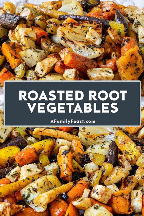 Roasted Root Vegetables - A Family Feast Root Vegetables Recipes, Recipes Veggie, Roasted Root Veggies, Drink Healthy, Roasted Vegetable Recipes, Root Veggies, Roasted Root Vegetables, Healthy Thanksgiving, Root Vegetable