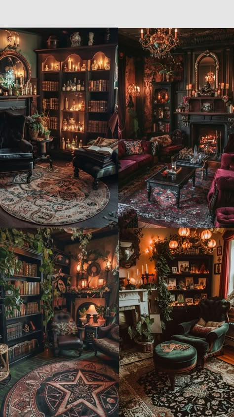 witchy livingroom Witchy Aesthetic Home Decor, Witchy Cottage Living Room, Witchy Room Aesthetic Cozy, Witchy Home Office Ideas, Witch Library Aesthetic, Whimsigoth Living Room Aesthetic, Wizard Living Room, Goth Sunroom, Witchy Maximalist Decor