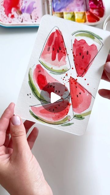 Anna Koliadych on Instagram: "Easy and Fun Way to Paint Watermelon Slices with Watercolor 😌👌🏻☀️🥰 Perfect for a Summer Watercolor Card 🍉🍉🍉 #watercolor #watercolorusa #watercolorillustration #watercolortutorial #paintingprocess #diy #crafts" Watermelon Art Painting, Diy Watercolor Cards, Watermelon Crafts, Modern Watercolor Art, Watercolor Calendar, Watermelon Art, Watercolor Art Diy, Summer Watercolor, Watercolor Birthday Cards