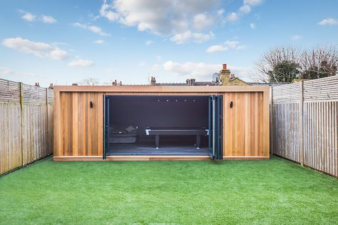 Backyard Shed Man Cave, Garden Games Room, Shipping Container Sheds, Garden Bar Shed, Garden Office Shed, Gym Shed, Converted Shipping Containers, Chill Out Room, Summer House Ideas