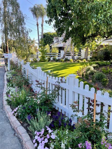 White Fence With Flowers, Fenced In Yard Ideas, Front Yard Picket Fence, Picket Fence House, Front Garden Fence, Cottage Front Yard, Home Exterior Landscaping, Casita Decor, Easy Garden Ideas Landscaping