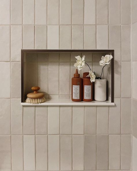 Rectangle Tile Bathroom, Ranch Bathroom, Tile Shower Niche, Niche Decor, Bathroom Niche, Shower Renovation, Small Bathroom Renovations, Rectangle Tiles, Small Showers