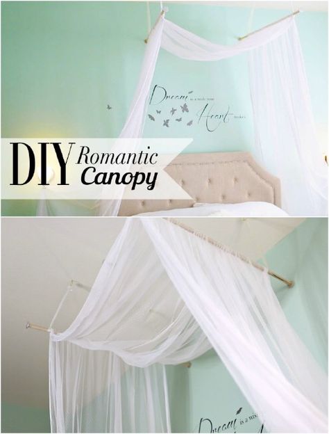 Sleep in Absolute Luxury with these 23 Gorgeous DIY Bed Canopy Projects - DIY & Crafts Curtain Over Bed, Curtains Around Bed, Diy Bed Canopy, Bed Canopy With Lights, Bedroom Art Above Bed, Canopy Over Bed, Diy Drapes, Girls Bed Canopy, Bed Canopies