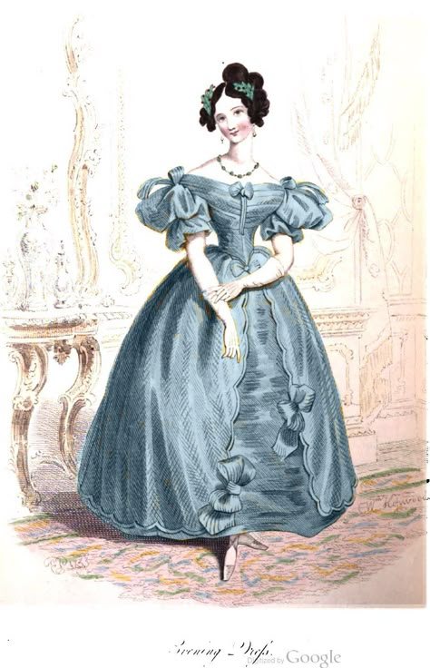 This evening dress appeared (in a different color) in La Belle Assemblée of June 1833. 1830s Evening Dress, 1830s Evening Gown, Romantic Era Dress, 1830s Fashion Plate, 1835 Fashion, 1830 Dress, Victorian Evening Dress, 1840 Dress, 1840s Dress