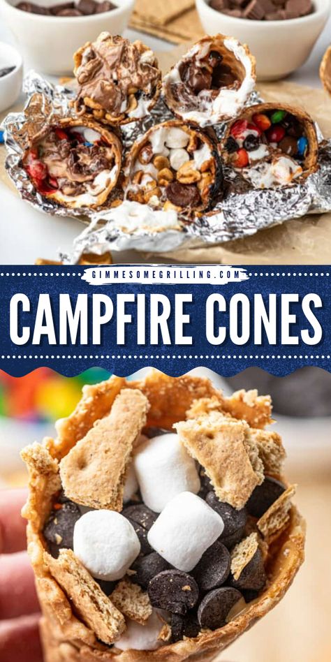 Looking for a new campfire treat this summer? Campfire Cones are your new campfire obsession. Roast them up with marshmallows, chocolate chips, graham crackers, and peanut butter for a melty, delicious treat – way easier than S’mores! Campfire Desserts On A Stick, Campfire Cones Recipe, Bonfire Night Treats, Campfire Cones, Campfire Snacks, Summer Campfire, Campfire S'mores, Favorite Pie Recipes, Meal Planning Menus