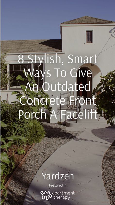 While lauded for their durability and affordability, these basic front porches are anything but inspiring — particularly once they start to show some wear. However, the good thing about concrete front porches is they are the perfect blank slate for numerous DIY and professional projects and upgrades. If your boring front porch is getting you down, consider one (or more!) of these eight stylish, smart ways to give your outdated concrete front porch a makeover. Epoxy Front Porch Concrete Patios, Front Porch Walk Way Ideas, Front Porch Pavers Over Concrete, Upgrade Concrete Porch, Cement Front Yard Ideas, Front Step Ideas Concrete, Front Porch No Steps, Front Porch Flooring Ideas Concrete, Front Porch Cement Makeover