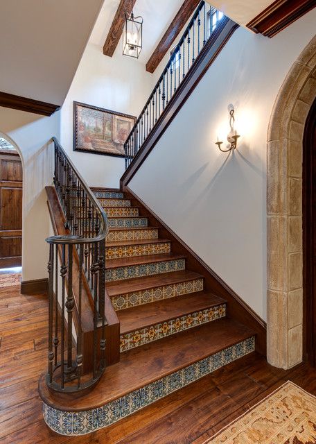 Spanish Colonial Residence - Mediterranean - Staircase - San Diego - by LIVESAY-GRUMET & ASSOCIATES LLC | Houzz Contemporary Colonial Interiors, Stair Banister Ideas, Colonial Staircase, Mediterranean Staircase, Banister Ideas, Spanish Interior Design, Contemporary Colonial, Tiled Staircase, Entryway Stairs