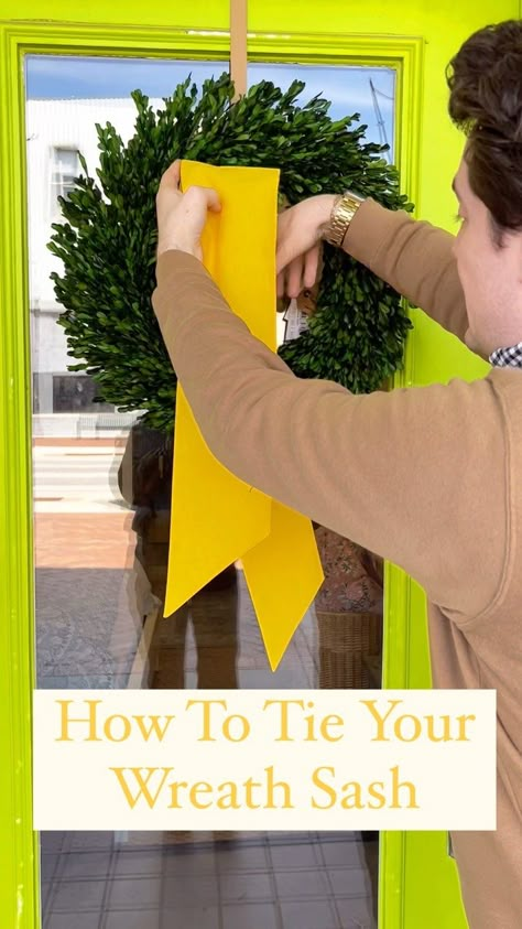 Presley Pierce | 💚How To Tie Your Wreath Sash💚 Day two has been nothing shy but amazing!! You all are still blowing us away about the launch of these… | Instagram Wreath Easel Stand, Simple Ribbon Wreath Diy, Wreath Sash Tutorial, How To Tie Sash On Wreath, How To Make A Sash For A Wreath, Wreath With Ribbon Hanging, How To Tie A Wreath Sash, Wreath Ribbon Ideas, Wreath Hanging From Ribbon