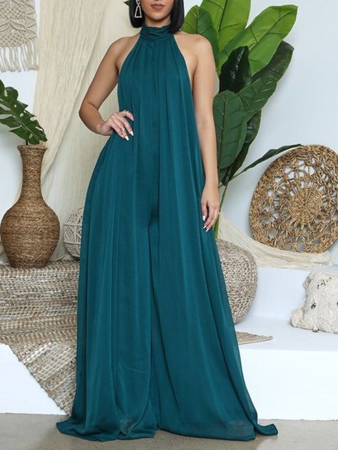 Full Length Party/Cocktail Plain Backless High Waist Women's Jumpsuit Chiffon Jumpsuit, Halter Neck Jumpsuit, Wide Leg Romper, Halter Jumpsuit, Backless Jumpsuit, Jumpsuit Pattern, Perfect Prom Dress, High Neck Sleeveless, Jumpsuits And Romper