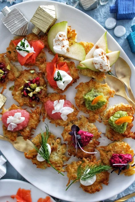 How to throw a Latke Party for Hanukkah – SIMPLY BEAUTIFUL EATING Hanukkah Party Ideas For Adults, Hannukah Food Ideas, Hannakuh Decorations, Chanukah Party Ideas, Hannukah Party Ideas, Hanukkah Menu Ideas, Hannukah Dinner Ideas, Hanukkah Breakfast, Hanukkah Brunch