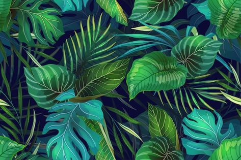 Seamless pattern with exotic tropical pl... | Premium Vector #Freepik #vector #tropical-print #tropical-seamless #jungle-leaves #tropical-jungle Asian Plants, Vector Art Design, Plant Background, Watercolor Floral Pattern, Leaves Vector, Purple Watercolor, Plant Pattern, Free Vector Art, Tropical Leaves