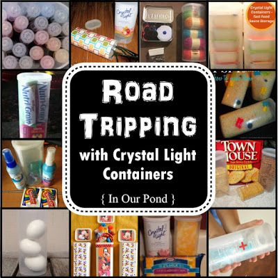 Party Through the USA: Road Tripping with Crystal Lite Containers Crystal Light Containers Repurpose, Repurpose Containers, Trip Organization, Repurposed Containers, Road Trip Organization, Crystal Light Containers, Recycle Items, Container Crafts, Van Organization