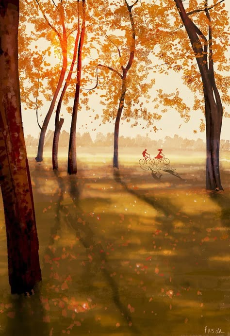 Fall Landscape Illustration, Pascal Campion Art, Pascal Campion, 동화 삽화, Autumn Illustration, Long Shadow, Landscape Illustration, Environment Concept Art, Fall Wallpaper