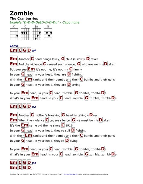 D-D-D-DU-U-UDUDU Zombie Guitar Chords, Zombie Cranberries, Ukulele Songs Popular, Akordy Na Ukulele, Cranberries Zombie, Piano Songs Chords, Ukulele Fingerpicking Songs, Ukulele Tabs Songs, Ukulele Fingerpicking