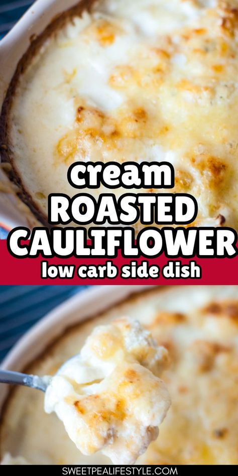 Cream Roasted Cauliflower is the sinfully delicious low card side dish recipe you need to try! Heavy cream, ranch seasoning, cauliflower, and gruyere cheese are all you need! On its own, you could have it for dinner. You could pair it with steak, chicken, or even serve it on Thanksgiving. Cream Of Cauliflower, Creamed Cauliflower Recipe, Creamed Cauliflower, Creamy Cauliflower Bake, Cream Cauliflower, Creamy Cheesy Cauliflower Bake, Cheddar Roasted Cauliflower, Cauliflower Recipes Low Carb, Cheesy Cauliflower Bake