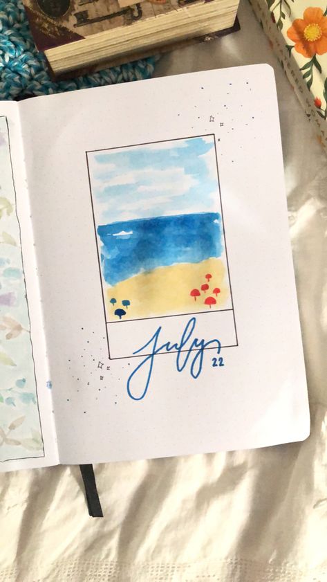 Beach Bullet Journal, July Bullet Journal Cover, July Bullet Journal, 2024 Bujo, Bulletin Journal, Bullet Journal Cover, Creating A Bullet Journal, Bulletin Journal Ideas, Vibes Art