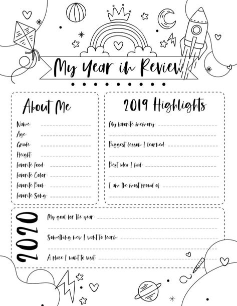 printable black and white My Year in Review which includes and About Me section, 2019 Highlights and 2020 goals Year In Review Printable, Middle School Esl, My Year In Review, New Years With Kids, End Of Year Review, Journal Prompts For Kids, Snowman Party, Elementary Curriculum, Printable Black And White