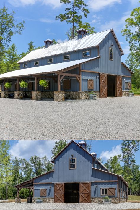 Rustic yet sophisticated, this Great Plains Western Horse Barn located in North Carolina is a showstopper. The stone accents on the exterior and the blue hue of the barn pair perfectly with the post and beam timber frame. Metal Barn Colors Scheme Exterior, Colorado Barndominium, Blue Barndominium Exterior, Horse Barn Exterior, Barn Designs Ideas, Barn Exterior Ideas, Luxury Horse Barns, Podcast Room, Luxury Horse