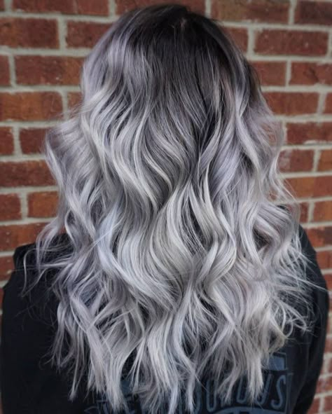 Brown Roots and Silver Lengths Dark Grey Roots Silver Hair, Good Hair Colors For Blondes, Silver Ombre Hair Brown To, Silver Blonde Dark Roots, Silver Dark Brown Hair, Light Brown Hair With Silver Balayage, Silver Hair Brown Roots, Silver Blonde Balayage Dark Roots, Silver Blonde With Dark Roots