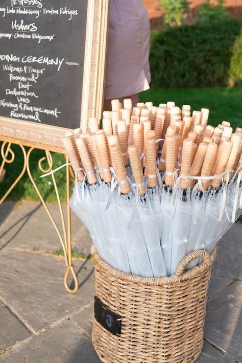 11 basket of clear umbrellas for wedding guests - Weddingomania Ceremony Favors, Outdoor Wedding Favors, Rain Wedding, Clear Umbrella, Umbrella Wedding, Rainy Wedding, Marquee Wedding, Outside Wedding, 50th Wedding